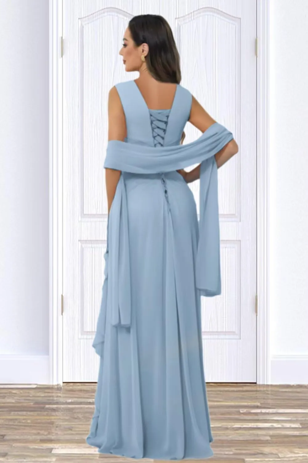 Chiffon Mother of The Bride Dresses for Women V Neck Beaded A Line Ruffle Formal Evening Gowns with Cape
