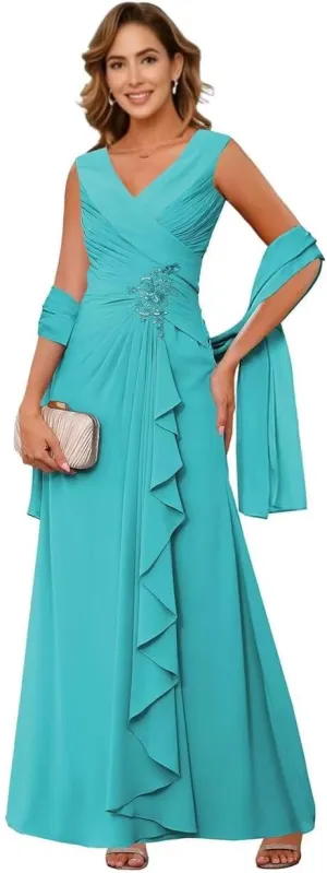 Chiffon Mother of The Bride Dresses for Women V Neck Beaded A Line Ruffle Formal Evening Gowns with Cape