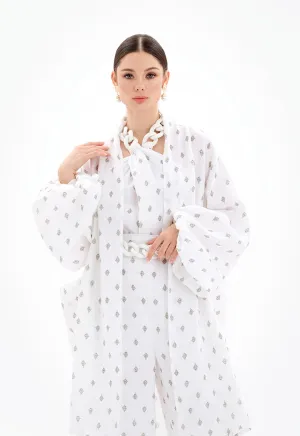 Choice Open Front Printed Cardigan With Chunky Belt-Ramadan Style Off White