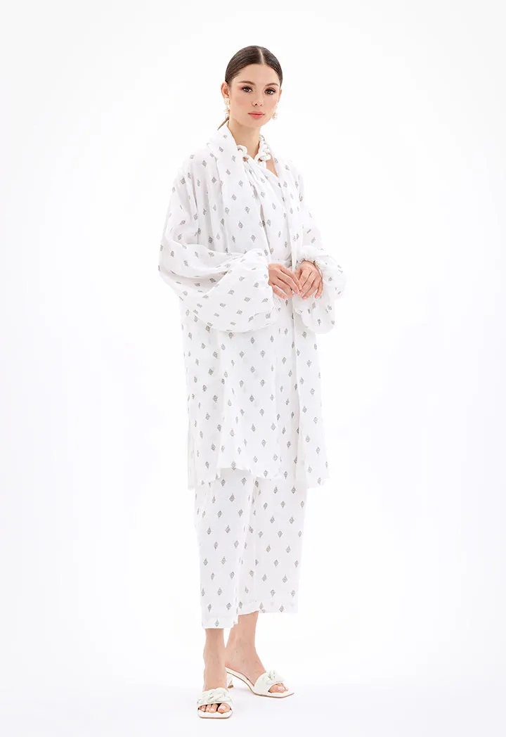 Choice Open Front Printed Cardigan With Chunky Belt-Ramadan Style Off White