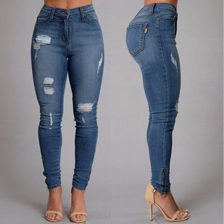 Classic Blue Low Waist Rips Slim Pencil Jeans