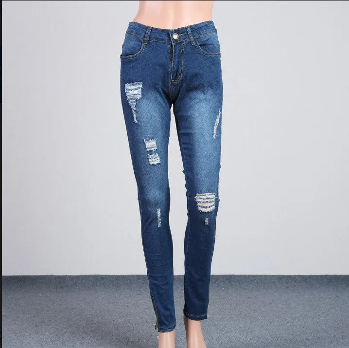 Classic Blue Low Waist Rips Slim Pencil Jeans