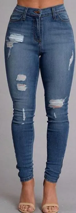 Classic Blue Low Waist Rips Slim Pencil Jeans