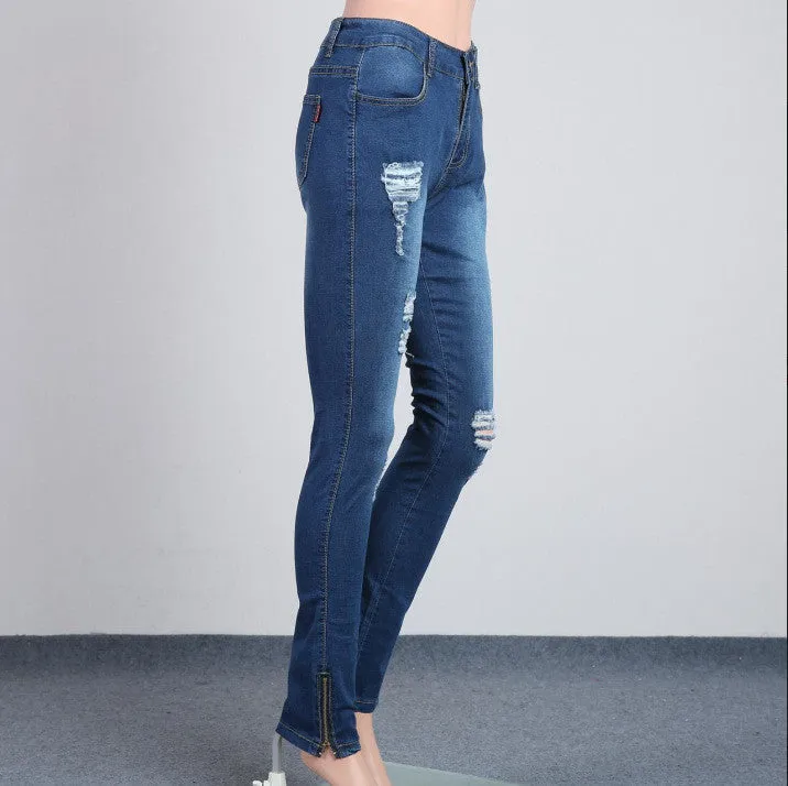 Classic Blue Low Waist Rips Slim Pencil Jeans