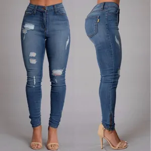 Classic Blue Low Waist Rips Slim Pencil Jeans