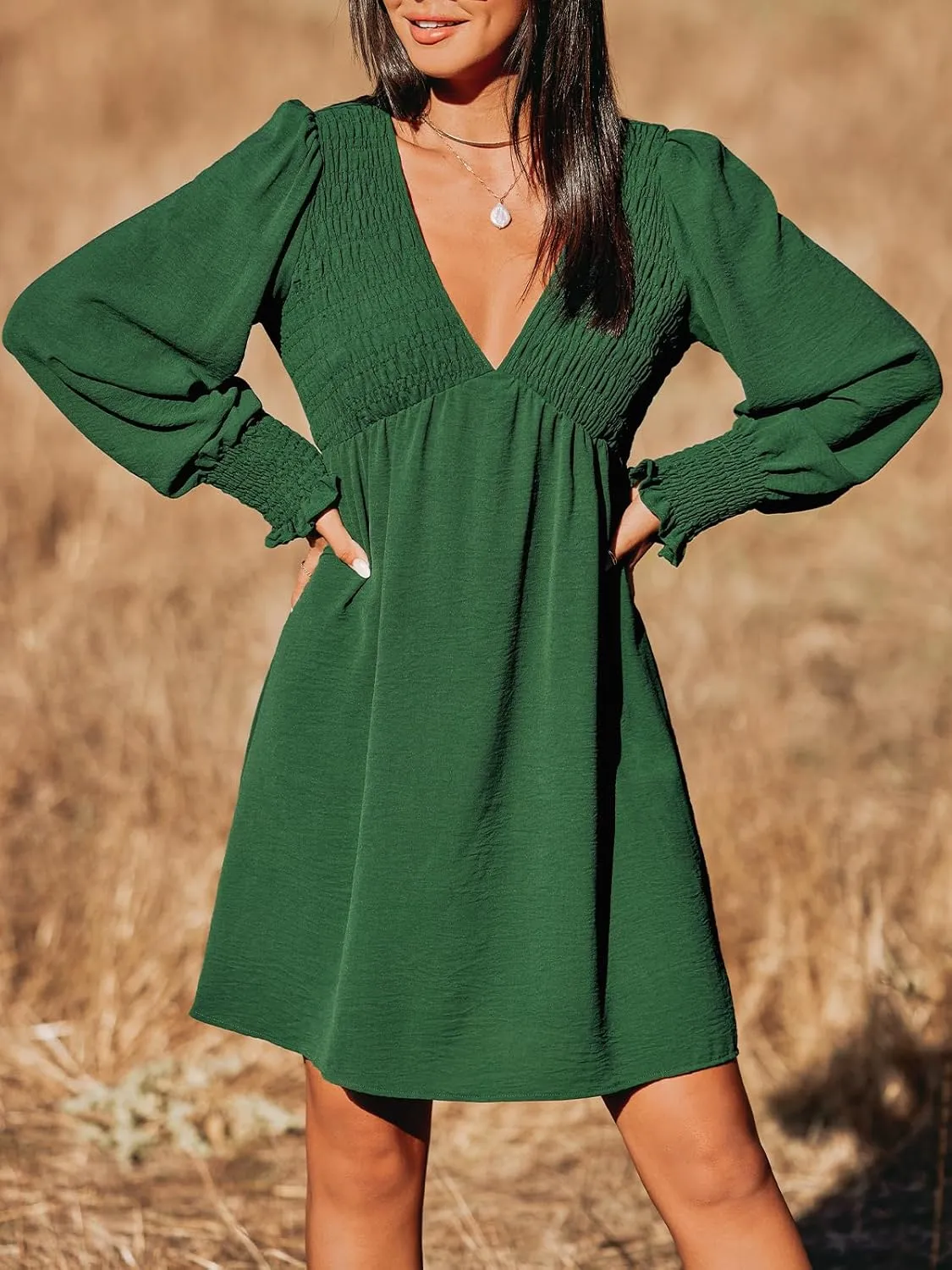 CUPSHE Women's Mini Dress Smocked V Neck Long Sleeve Empire Waist Casual A Line Dress