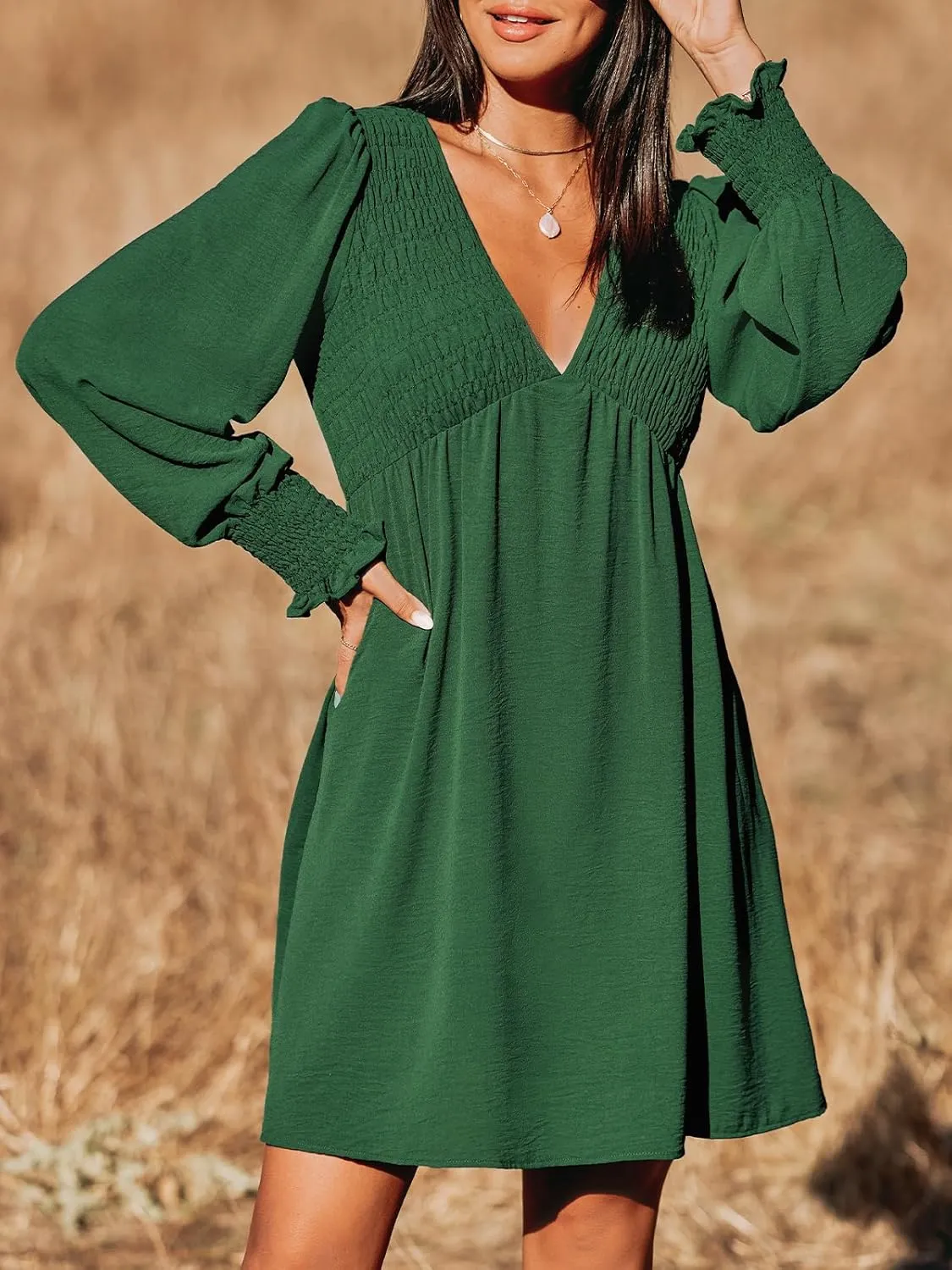 CUPSHE Women's Mini Dress Smocked V Neck Long Sleeve Empire Waist Casual A Line Dress