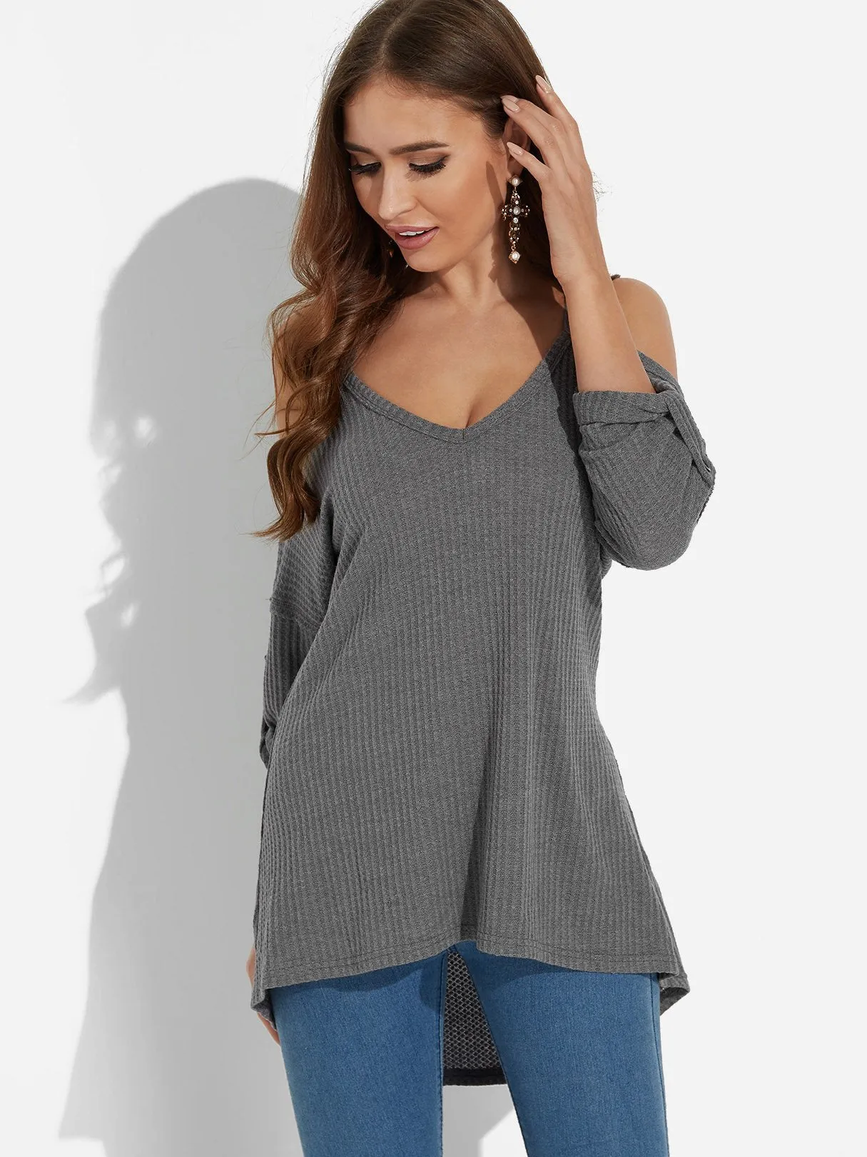 Custom Cold Shoulder Long Sleeve Grey Top