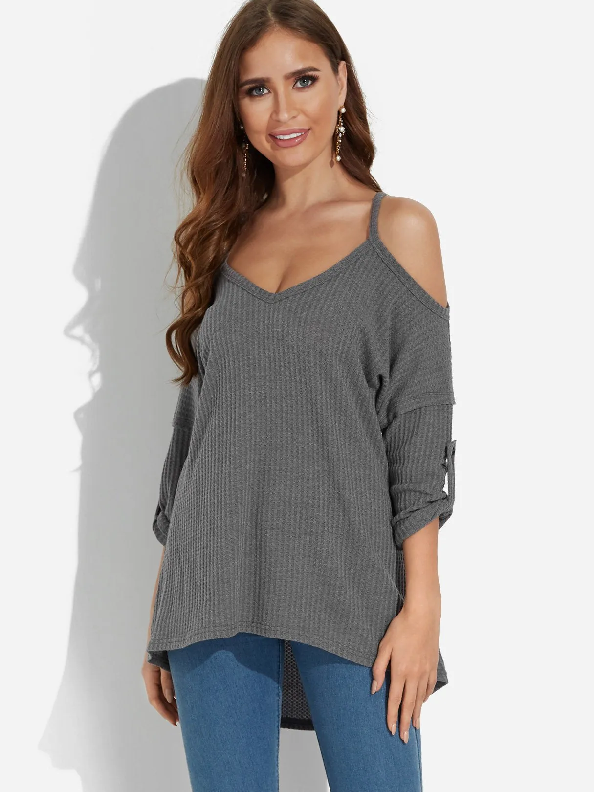 Custom Cold Shoulder Long Sleeve Grey Top