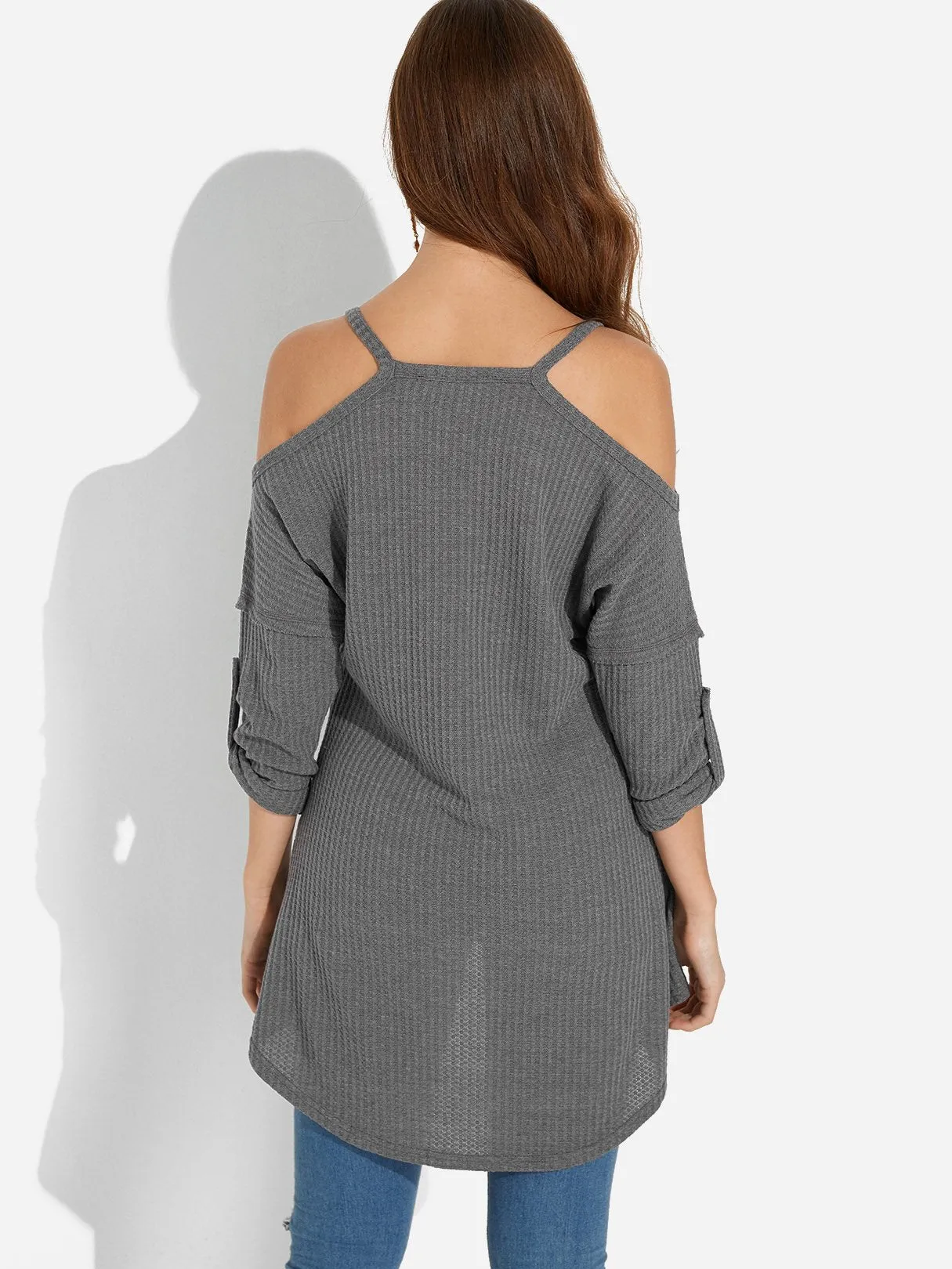 Custom Cold Shoulder Long Sleeve Grey Top