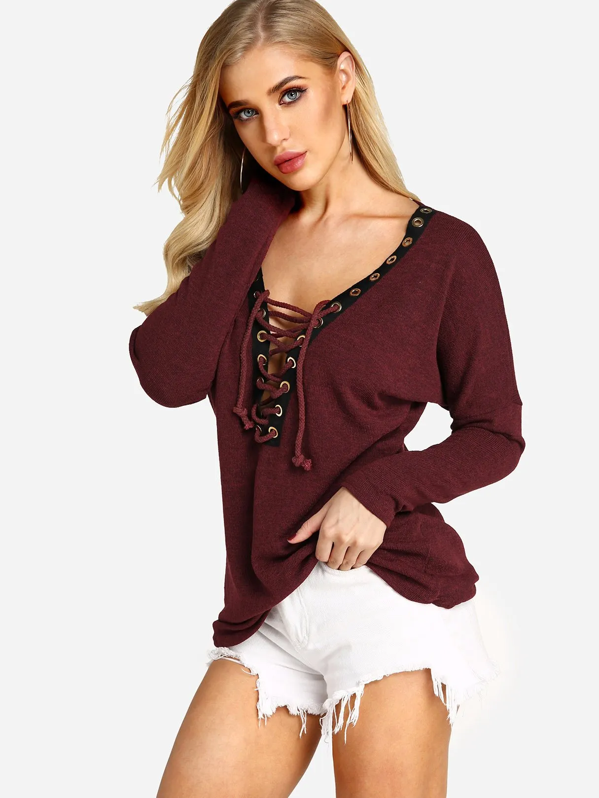 Custom Deep V-Neck Crossed Front Long Sleeve T-Shirts