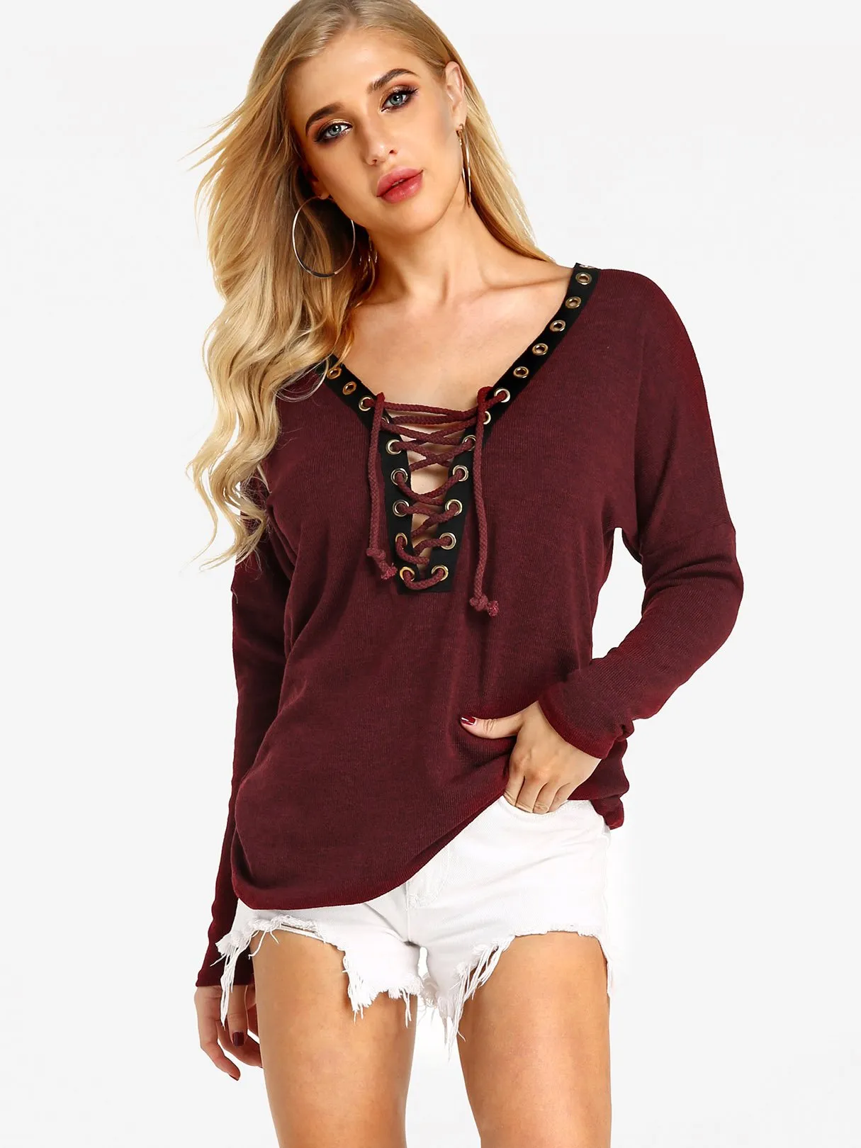 Custom Deep V-Neck Crossed Front Long Sleeve T-Shirts