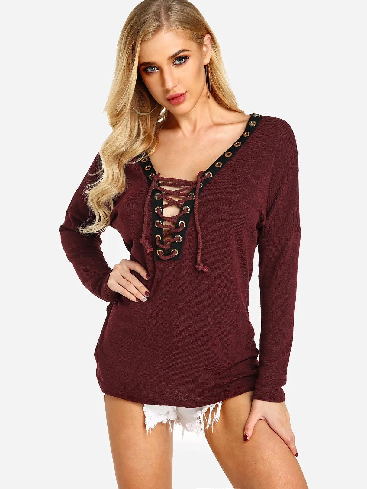 Custom Deep V-Neck Crossed Front Long Sleeve T-Shirts