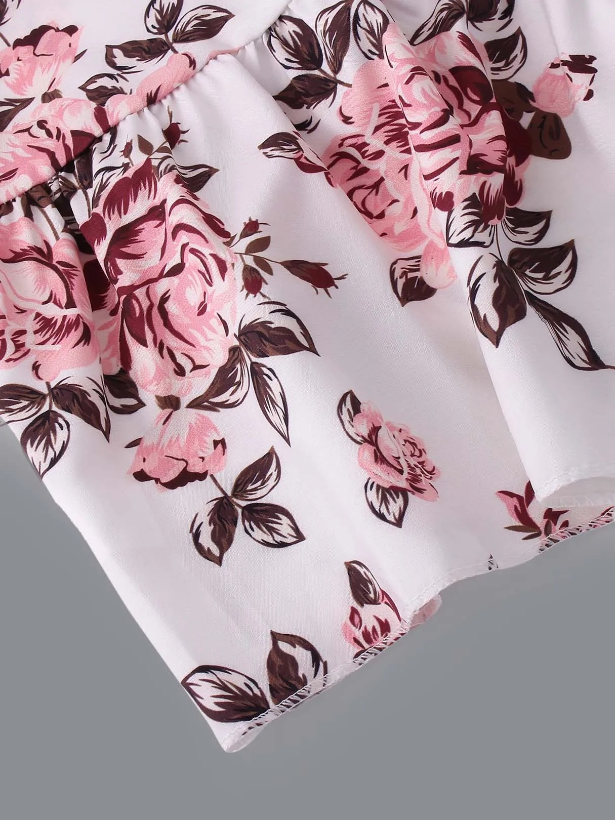 Custom Round Neck Floral Print Short Sleeve Flounced Hem White Top