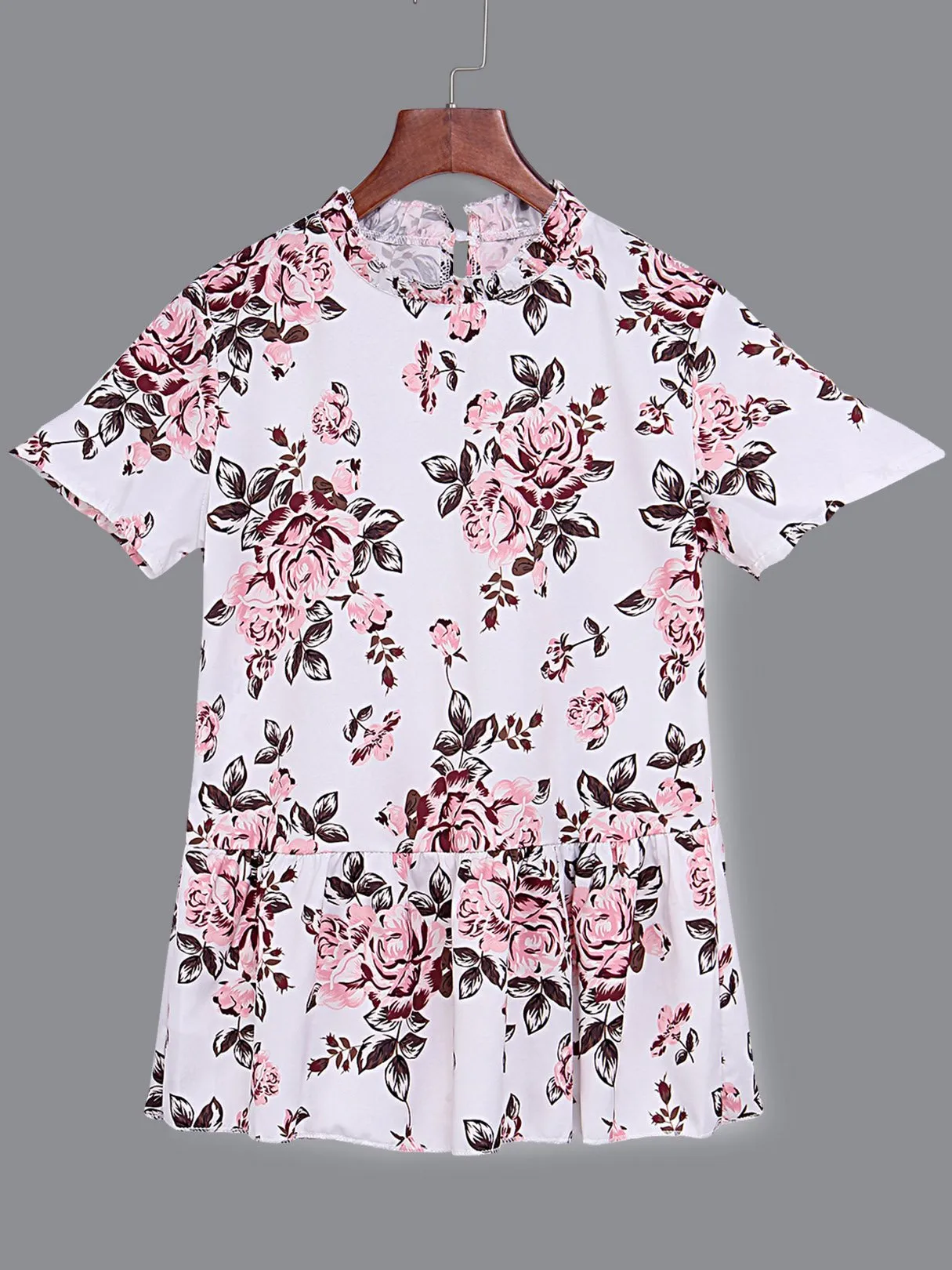Custom Round Neck Floral Print Short Sleeve Flounced Hem White Top