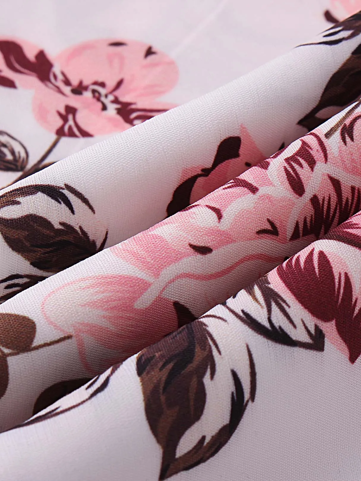 Custom Round Neck Floral Print Short Sleeve Flounced Hem White Top