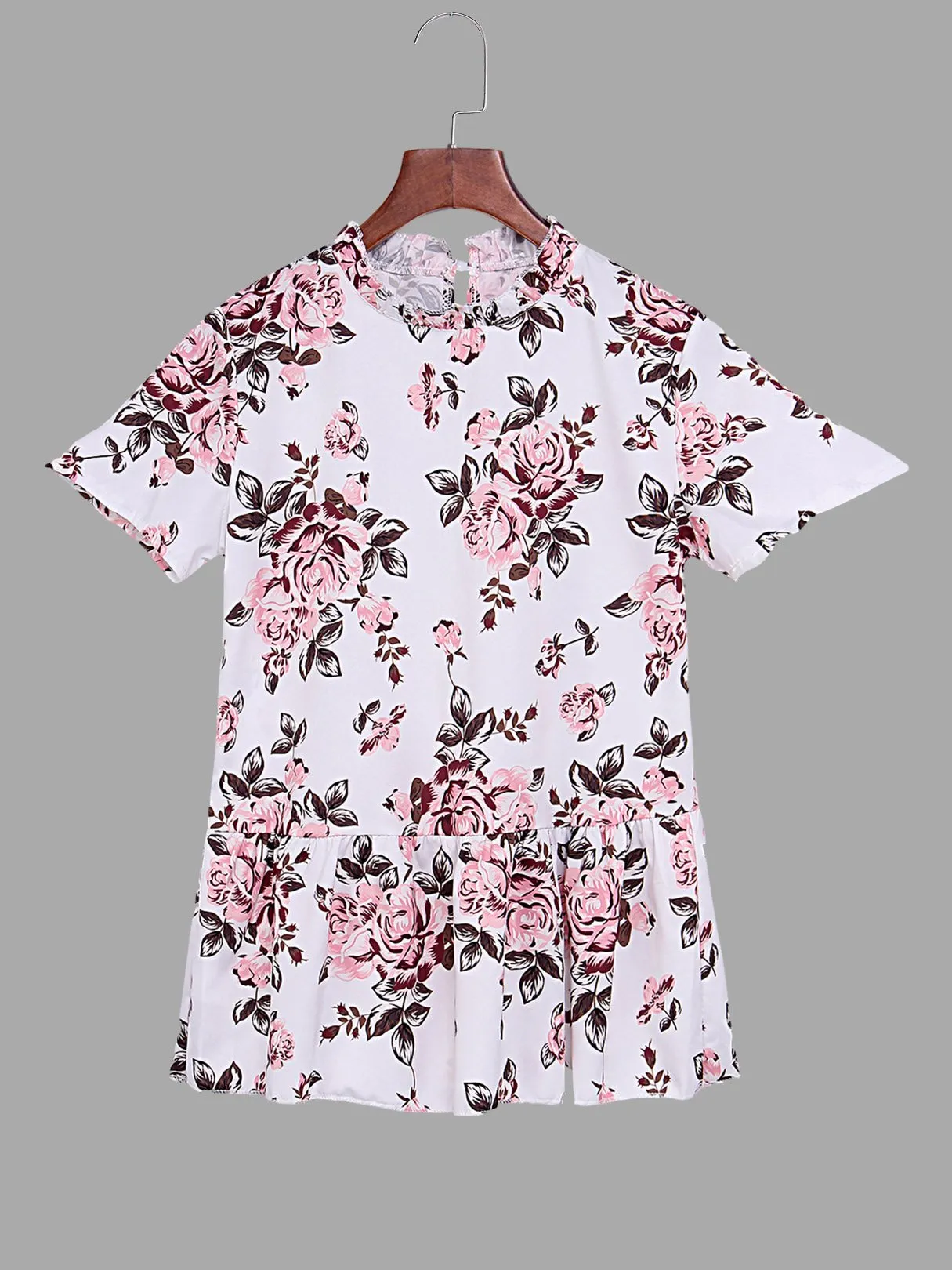Custom Round Neck Floral Print Short Sleeve Flounced Hem White Top
