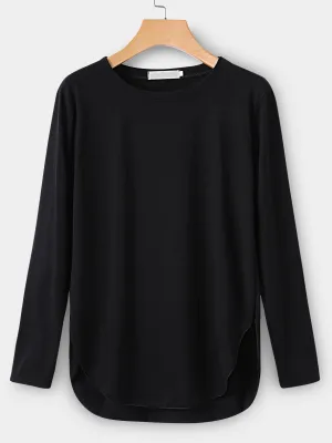 Custom Round Neck Plain Long Sleeve Curved Hem T-Shirts