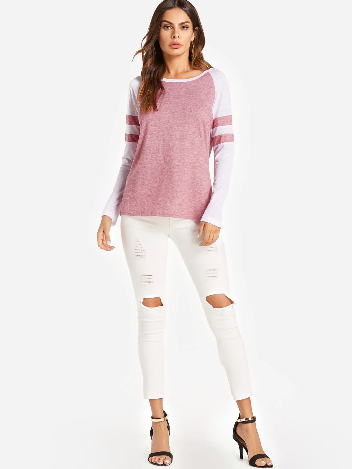 Custom Round Neck Stripe Long Sleeve Red T-Shirts