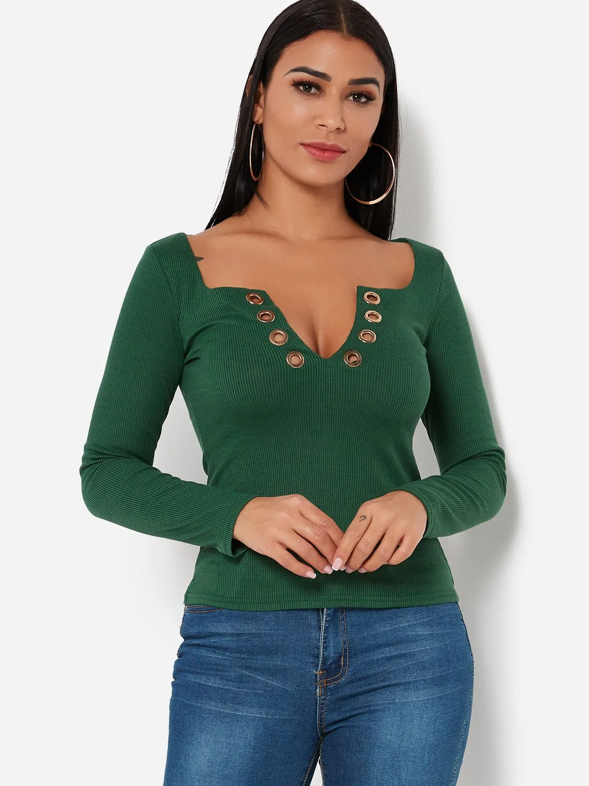 Custom Scoop Neck Plain Lace-Up Long Sleeve T-Shirts