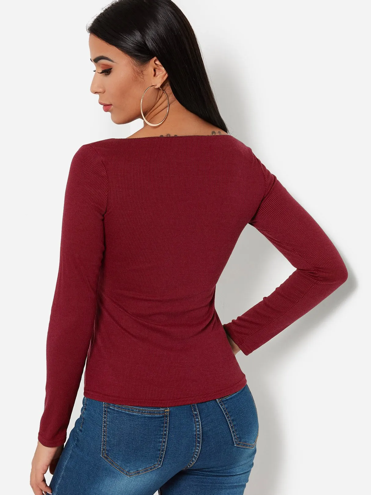 Custom Scoop Neck Plain Lace-Up Long Sleeve T-Shirts