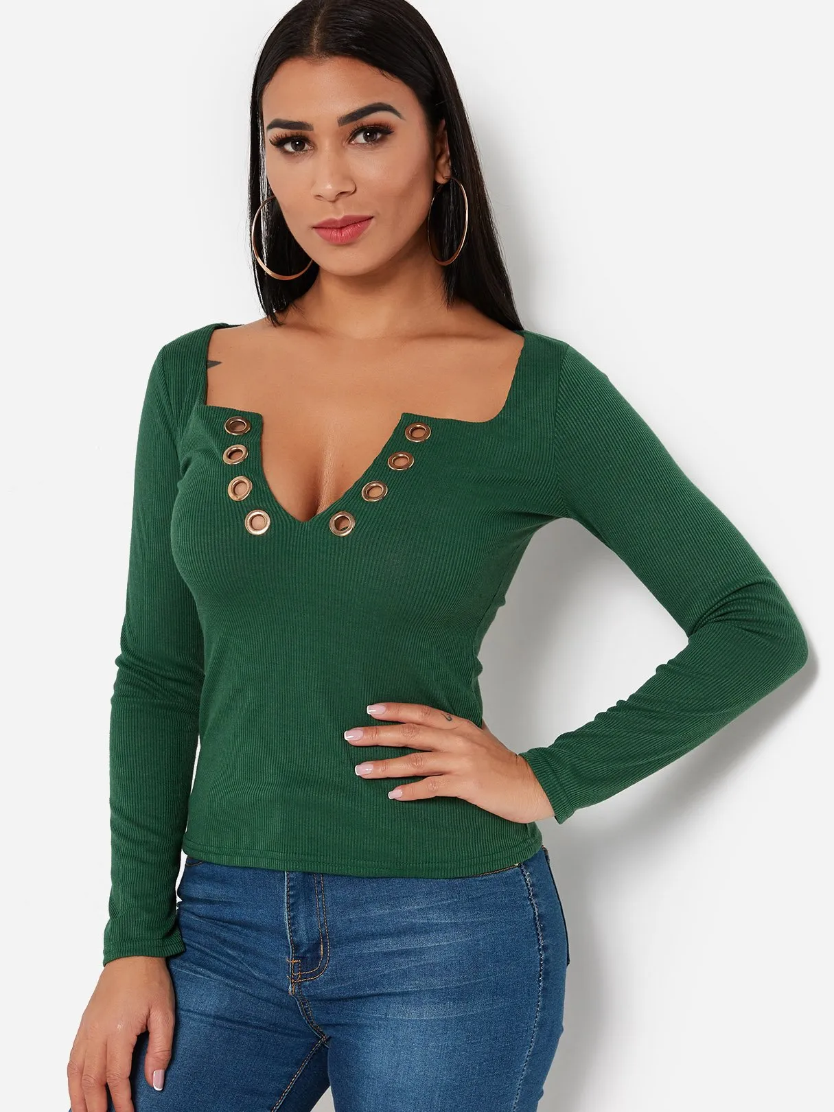 Custom Scoop Neck Plain Lace-Up Long Sleeve T-Shirts