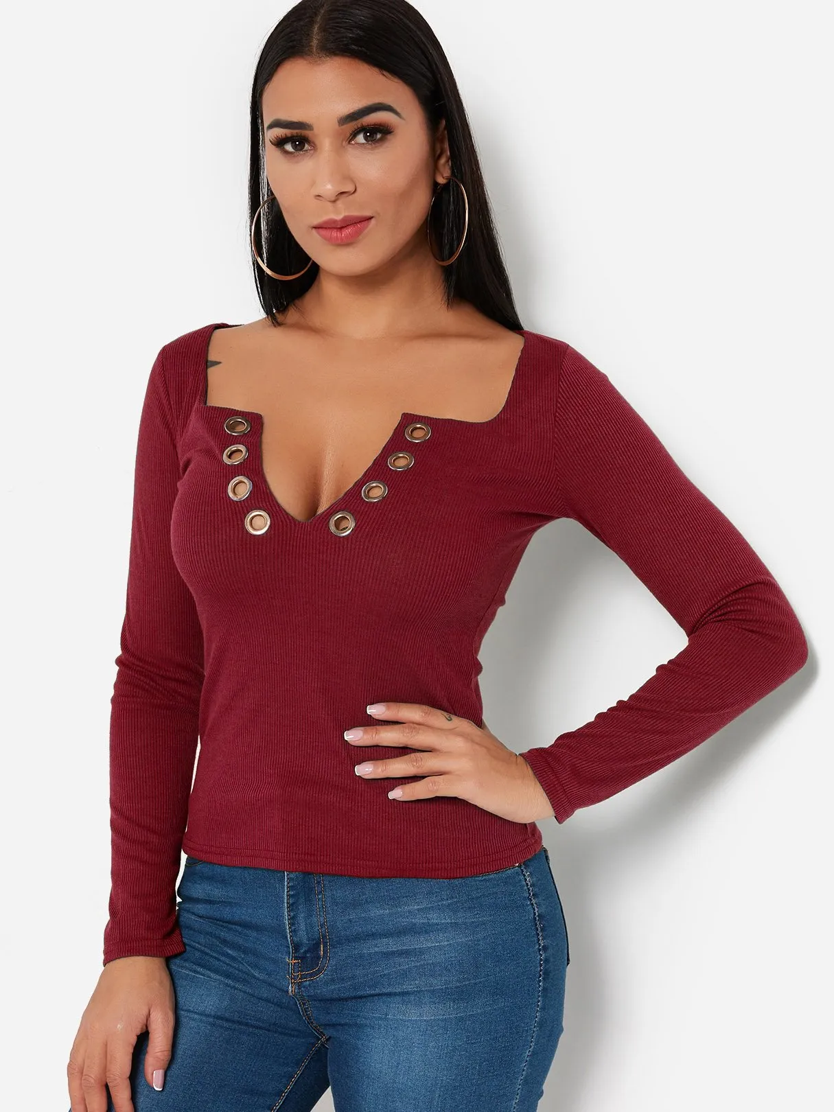 Custom Scoop Neck Plain Lace-Up Long Sleeve T-Shirts