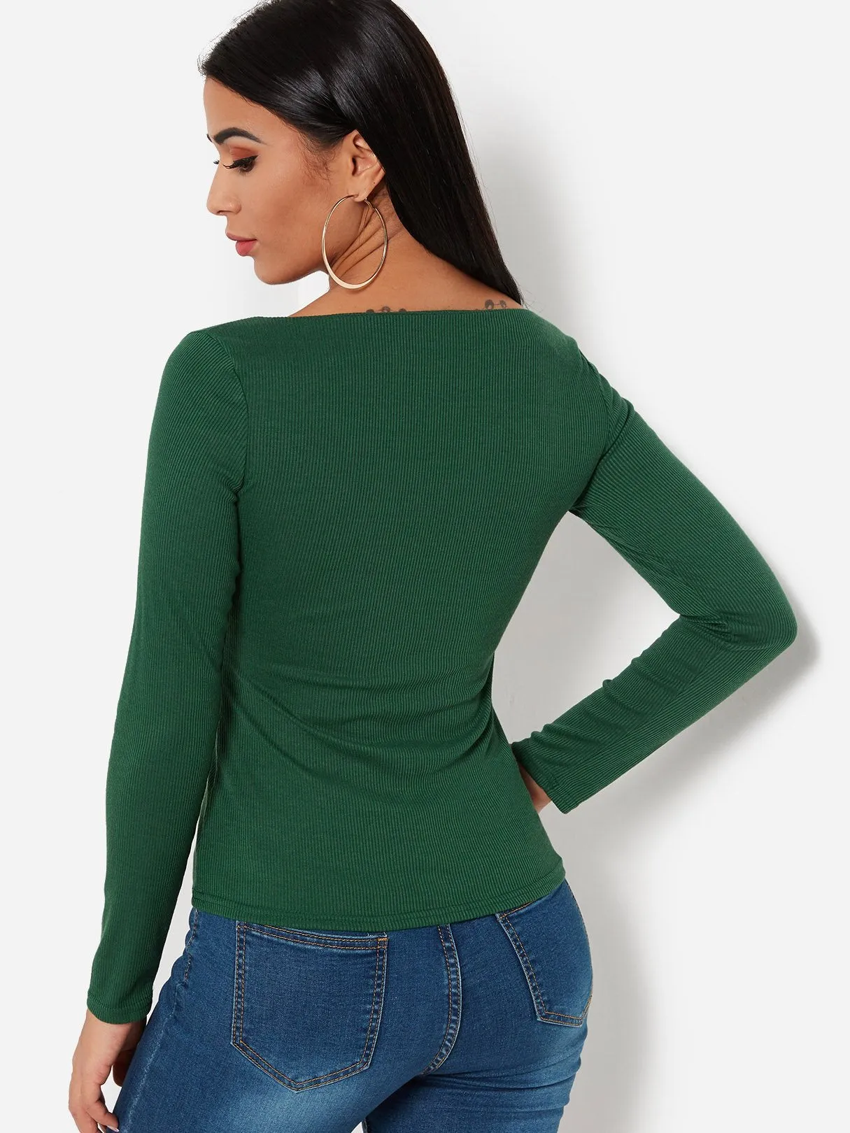 Custom Scoop Neck Plain Lace-Up Long Sleeve T-Shirts