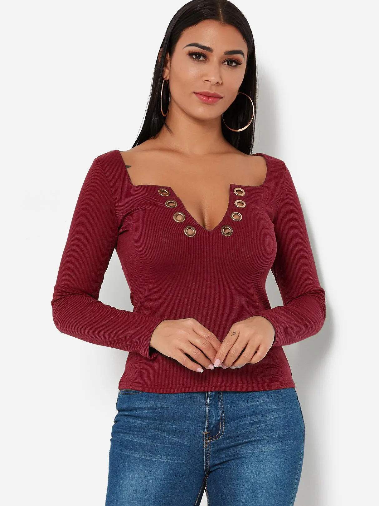 Custom Scoop Neck Plain Lace-Up Long Sleeve T-Shirts