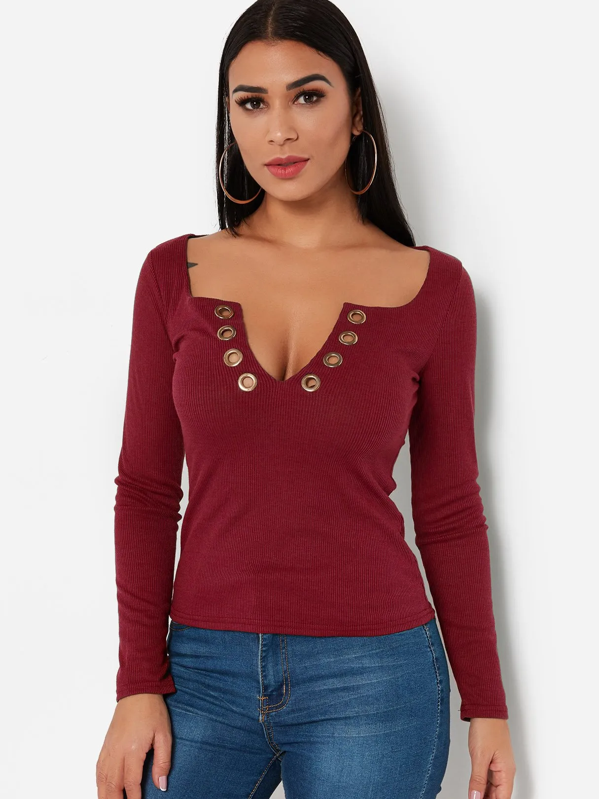 Custom Scoop Neck Plain Lace-Up Long Sleeve T-Shirts