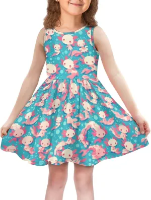 Cute Axolotl Dresses for Girls Sleeveless Tank Dress A Line Swing Sundress with Pockets 2-14T