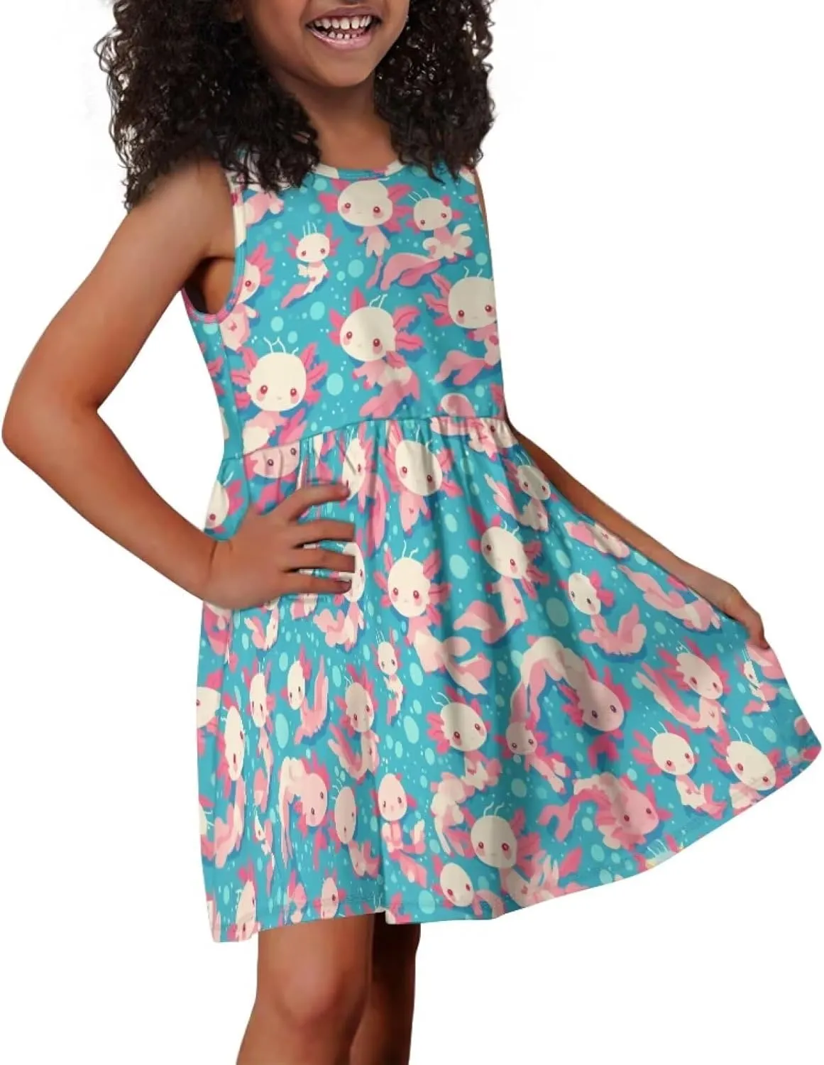Cute Axolotl Dresses for Girls Sleeveless Tank Dress A Line Swing Sundress with Pockets 2-14T
