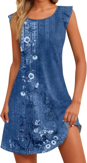 Cute Dresses for Women Spring Summer Floral Printed Crew Neck Ruffled Sleeves Midi Beach Sundress Loose Daily Dress