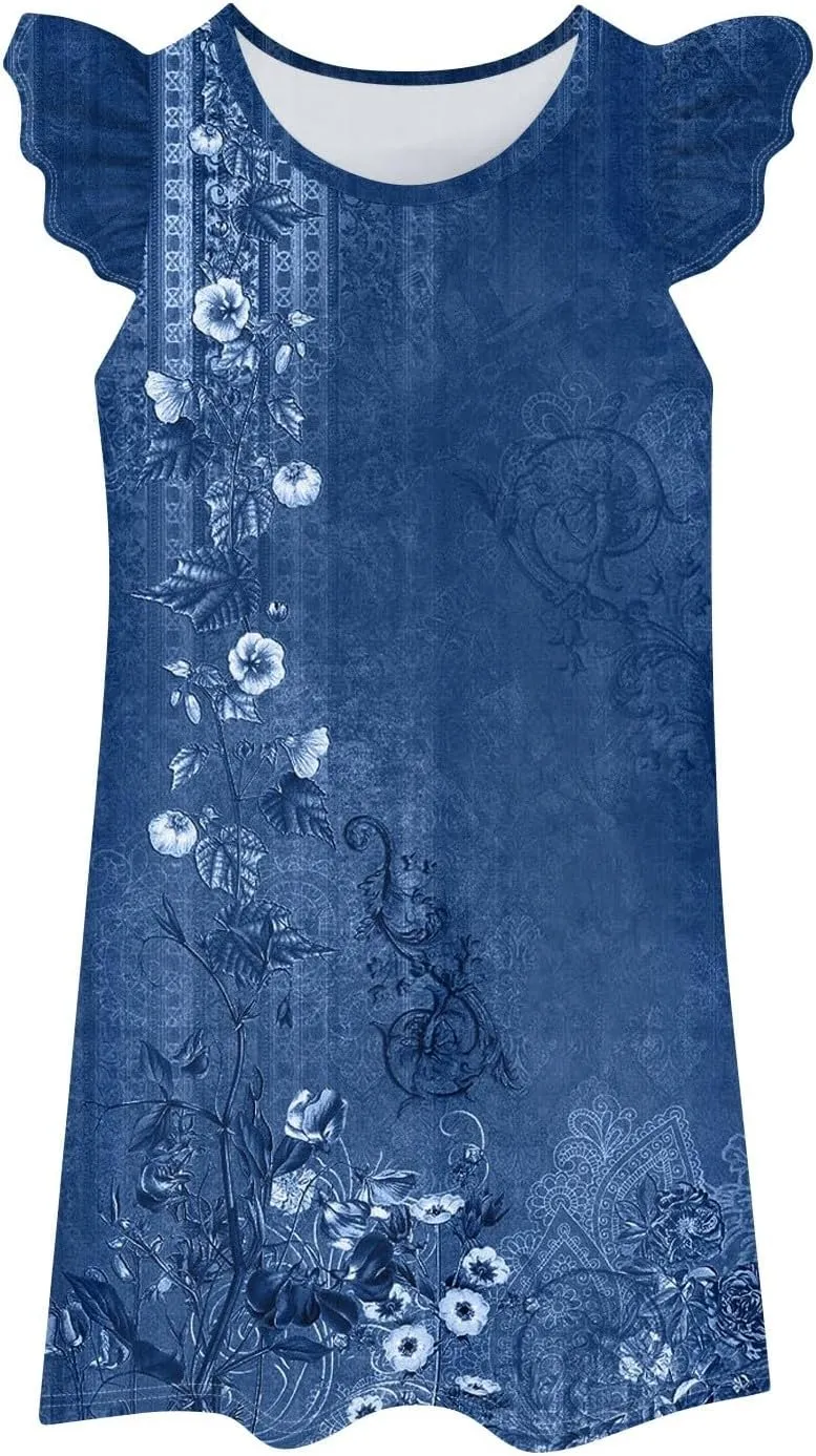 Cute Dresses for Women Spring Summer Floral Printed Crew Neck Ruffled Sleeves Midi Beach Sundress Loose Daily Dress