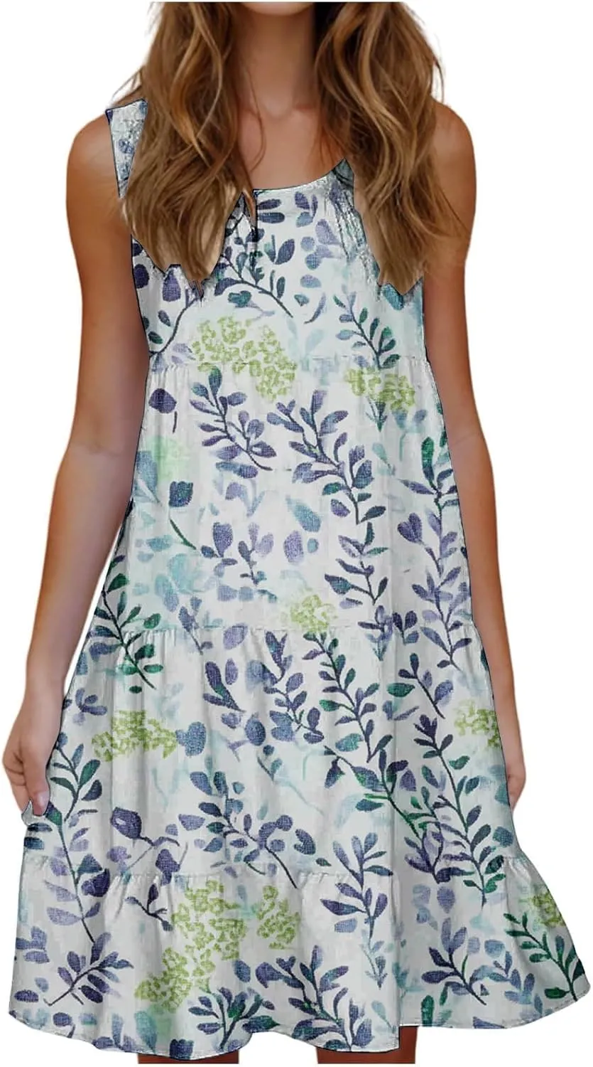 DDAPJ pyju Summer Dresses for Women 2025 Cute Floral Print Sleeveless Tank Dress Ruffle Tiered Loose Flowy Mini Dress
