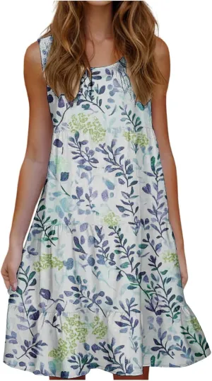 DDAPJ pyju Summer Dresses for Women 2025 Cute Floral Print Sleeveless Tank Dress Ruffle Tiered Loose Flowy Mini Dress