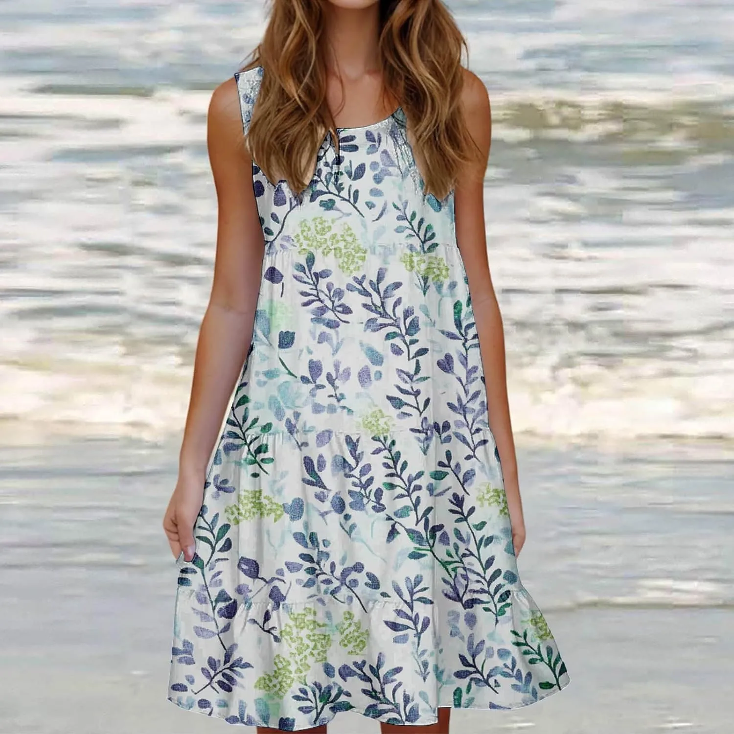 DDAPJ pyju Summer Dresses for Women 2025 Cute Floral Print Sleeveless Tank Dress Ruffle Tiered Loose Flowy Mini Dress