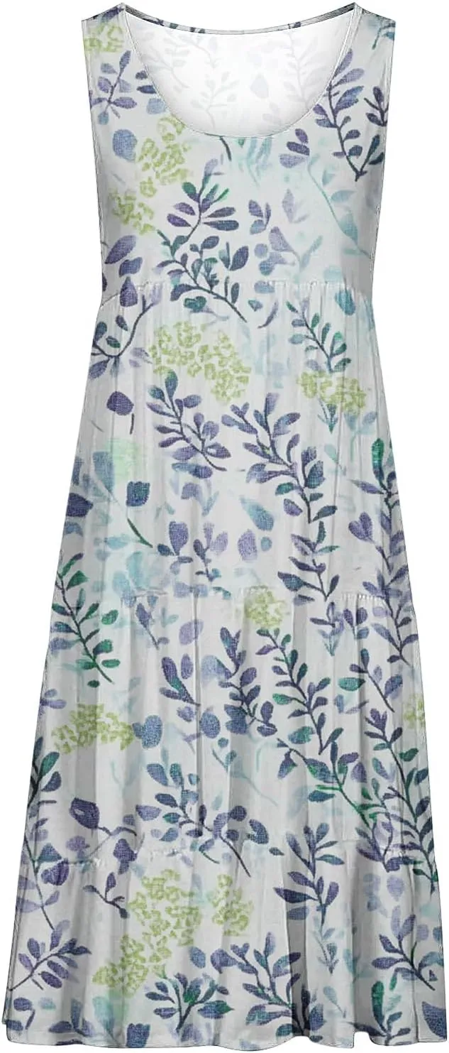 DDAPJ pyju Summer Dresses for Women 2025 Cute Floral Print Sleeveless Tank Dress Ruffle Tiered Loose Flowy Mini Dress
