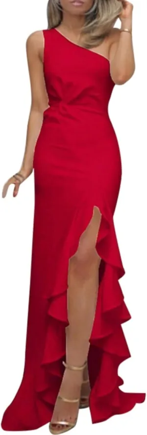 Dresses Maxi DressSlim One Shoulder Ruched Evening Womens Ruffle Formal Women's Dress Plus Size Evening Dress