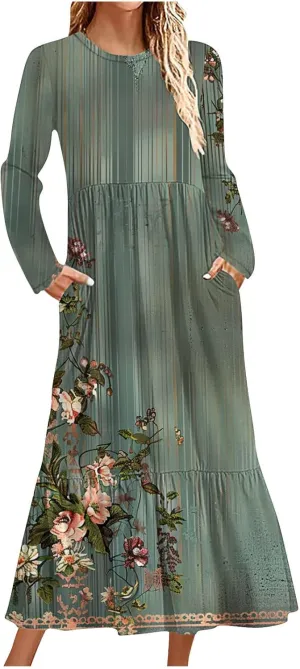 Fall Maxi Dresses for Women 2024 Plus Size Casual Long Sleeve Dresses Floral Boho Long Dress Wedding Guest Dress Womens Fall Dresses 2024 Navy XL