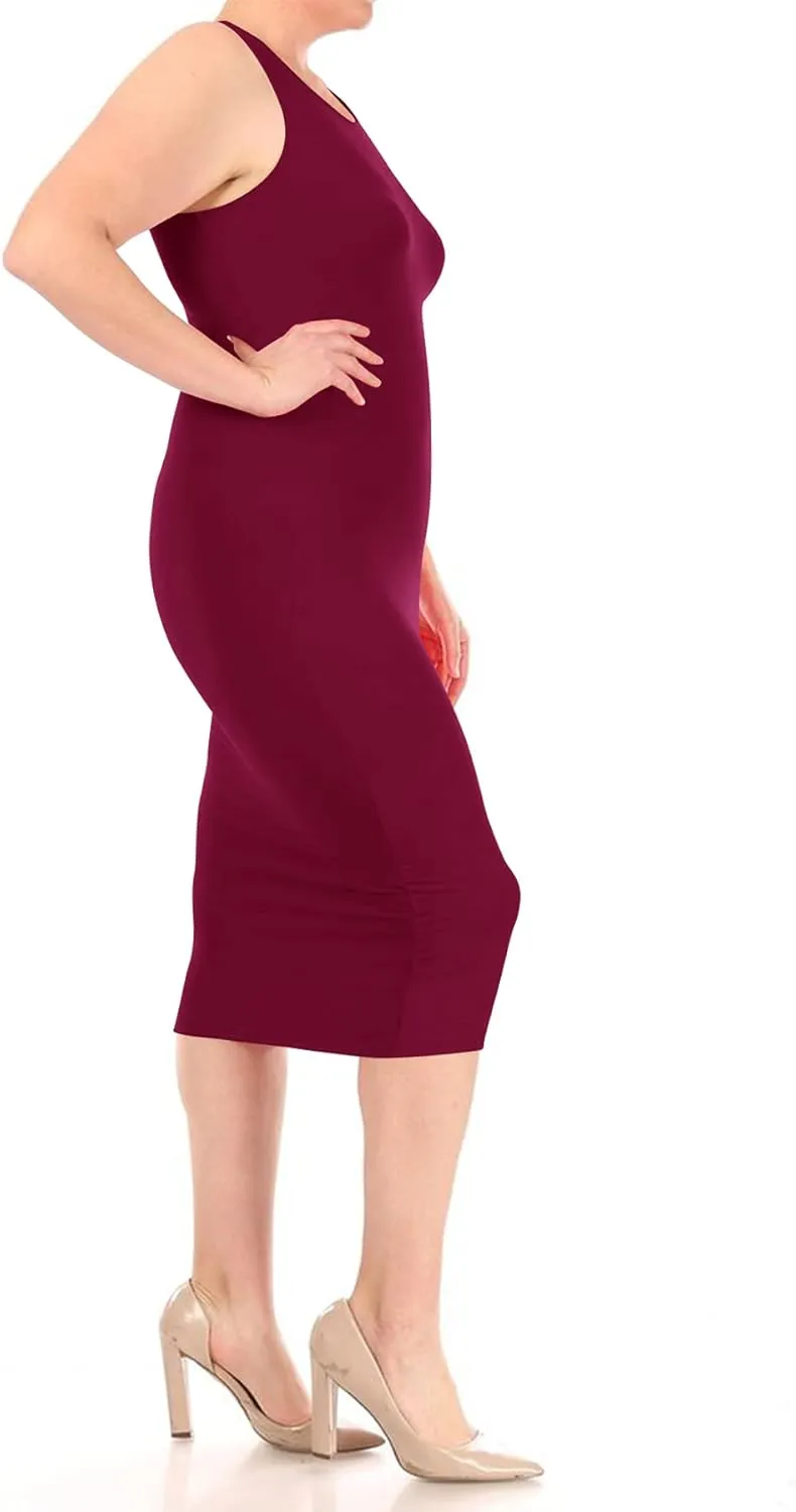 FashionStream Women's Plus Size Comfy Stretch Crew Neck 3/4 Sleeves Solid Slim Fit Bodycon Midi Dress