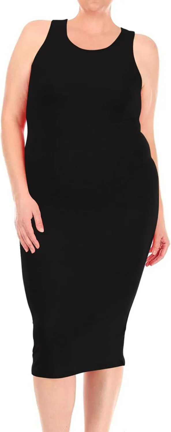 FashionStream Women's Plus Size Comfy Stretch Crew Neck 3/4 Sleeves Solid Slim Fit Bodycon Midi Dress