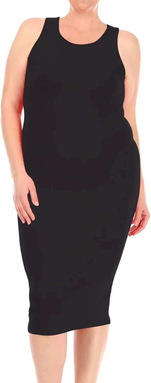 FashionStream Women's Plus Size Comfy Stretch Crew Neck 3/4 Sleeves Solid Slim Fit Bodycon Midi Dress