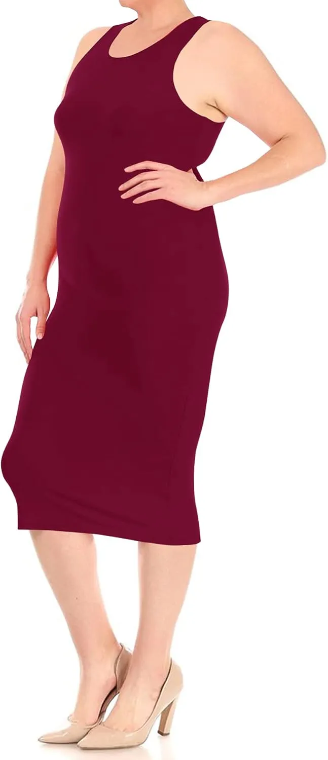 FashionStream Women's Plus Size Comfy Stretch Crew Neck 3/4 Sleeves Solid Slim Fit Bodycon Midi Dress