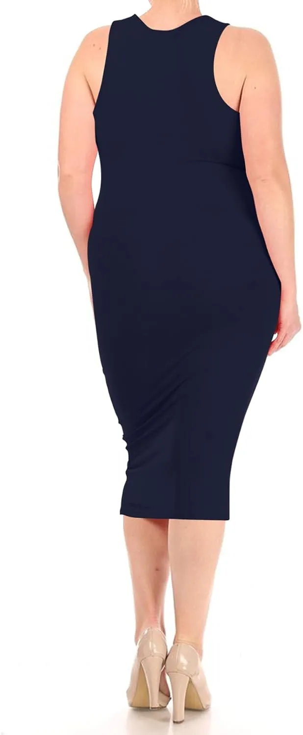 FashionStream Women's Plus Size Comfy Stretch Crew Neck 3/4 Sleeves Solid Slim Fit Bodycon Midi Dress