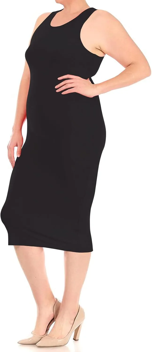 FashionStream Women's Plus Size Comfy Stretch Crew Neck 3/4 Sleeves Solid Slim Fit Bodycon Midi Dress