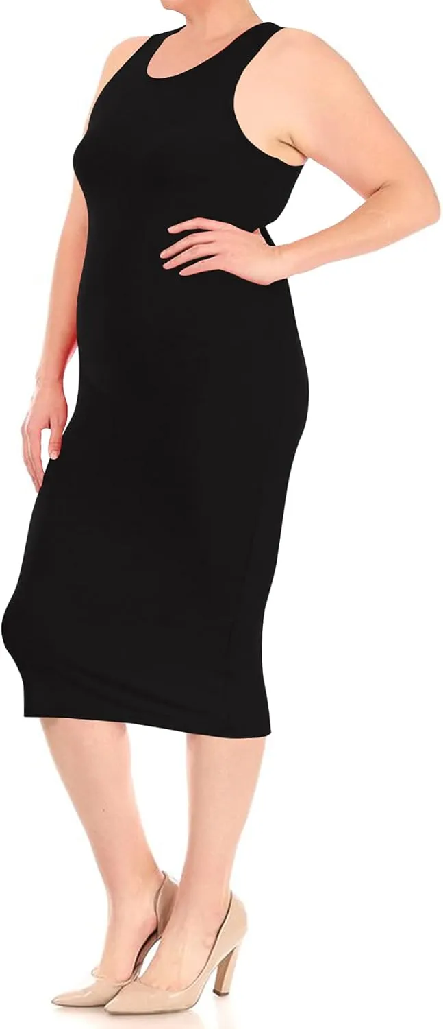 FashionStream Women's Plus Size Comfy Stretch Crew Neck 3/4 Sleeves Solid Slim Fit Bodycon Midi Dress