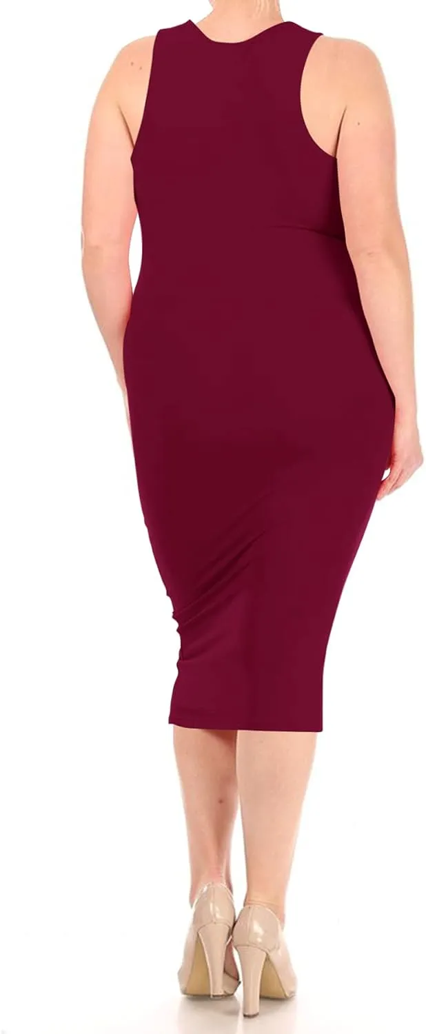 FashionStream Women's Plus Size Comfy Stretch Crew Neck 3/4 Sleeves Solid Slim Fit Bodycon Midi Dress