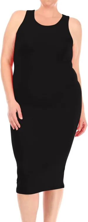 FashionStream Women's Plus Size Comfy Stretch Crew Neck 3/4 Sleeves Solid Slim Fit Bodycon Midi Dress