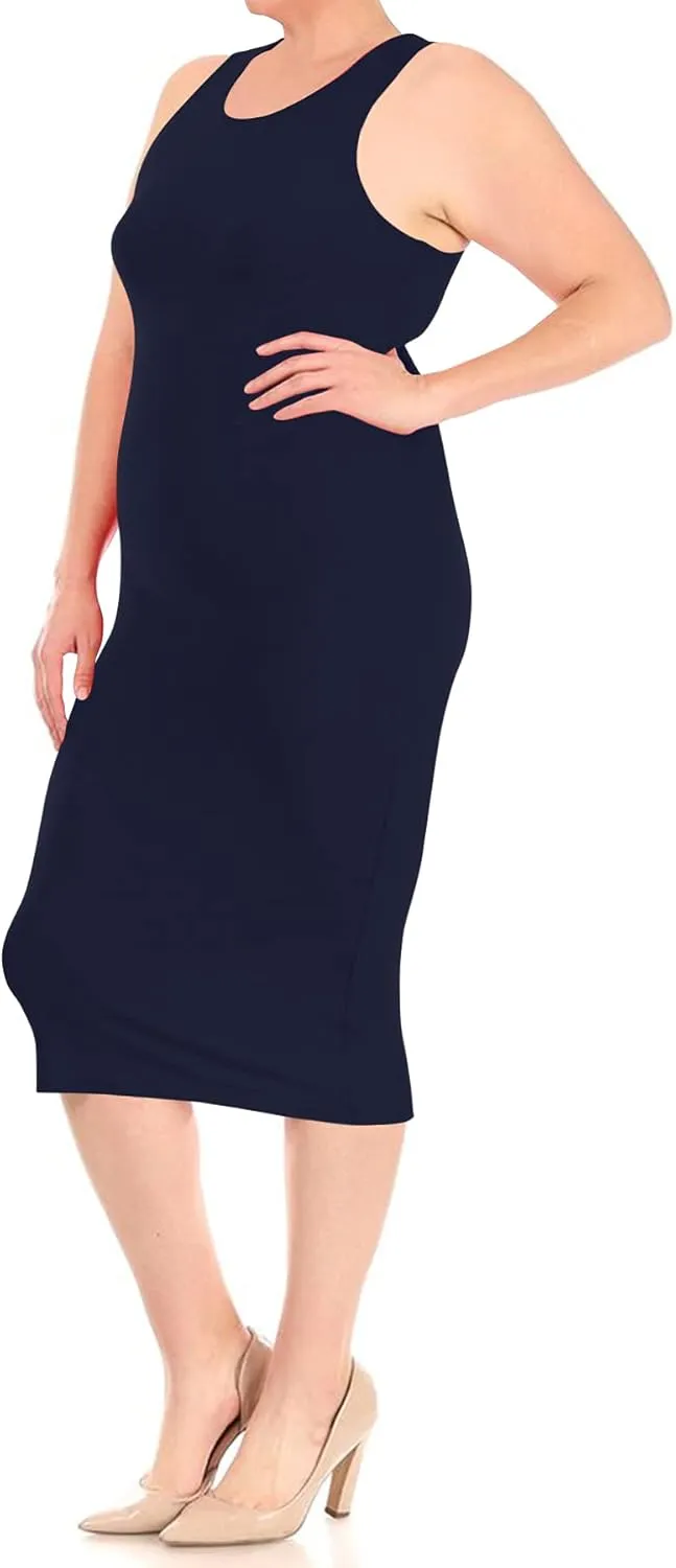 FashionStream Women's Plus Size Comfy Stretch Crew Neck 3/4 Sleeves Solid Slim Fit Bodycon Midi Dress